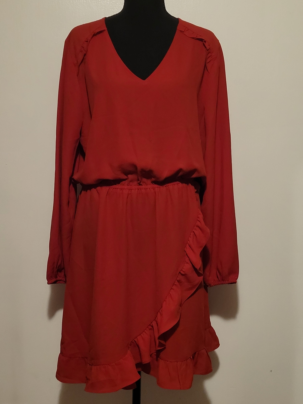 LOFT Red Faux Wrap Ruffle Dress Long Sleeve V-Neck Elastic Waist & Sleeve Cuffs